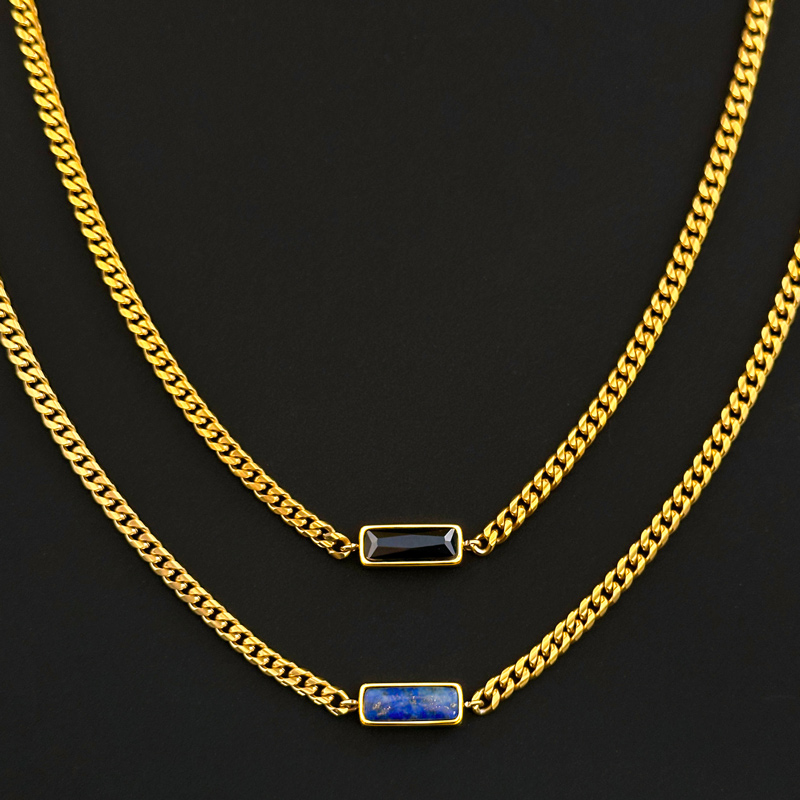 5mm Natural Stone Stainless Steel Cuban Chain - Yellow Tiger Eye/Lapis Lazuli/Black Cubic Zirconia