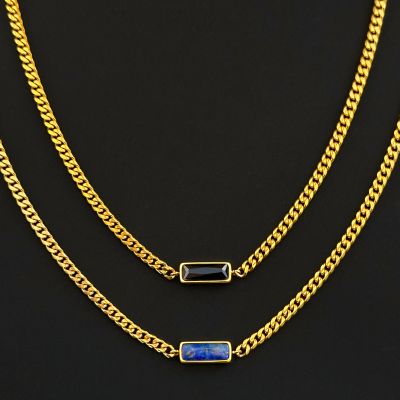 5mm Natural Stone Stainless Steel Cuban Chain - Yellow Tiger Eye/Lapis Lazuli/Black Cubic Zirconia