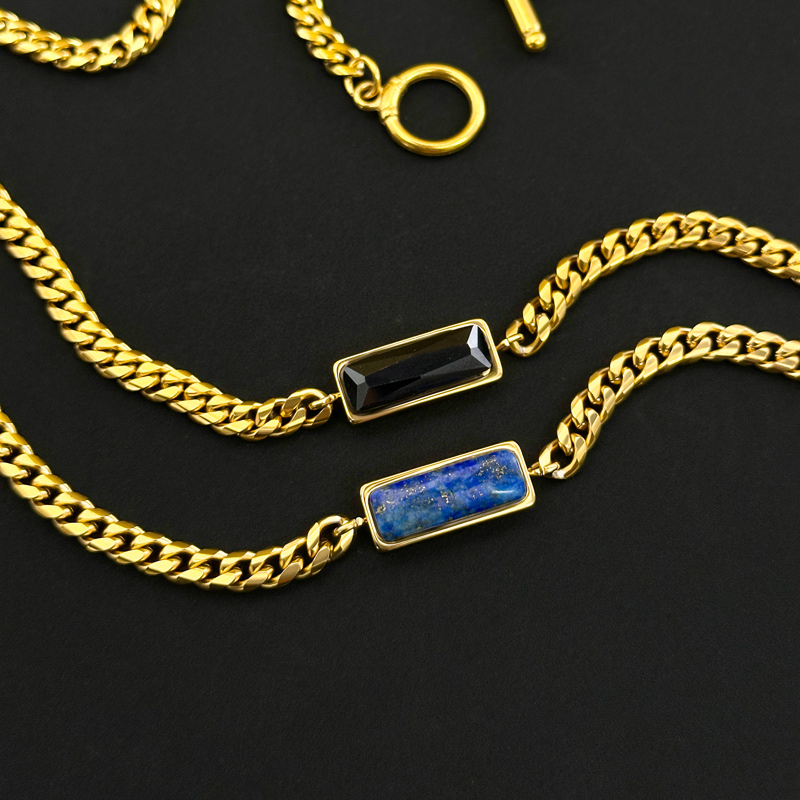 5mm Natural Stone Stainless Steel Cuban Chain - Yellow Tiger Eye/Lapis Lazuli/Black Cubic Zirconia