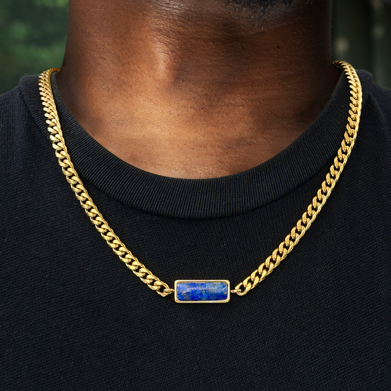 5mm Natural Stone Stainless Steel Cuban Chain - Yellow Tiger Eye/Lapis Lazuli/Black Cubic Zirconia