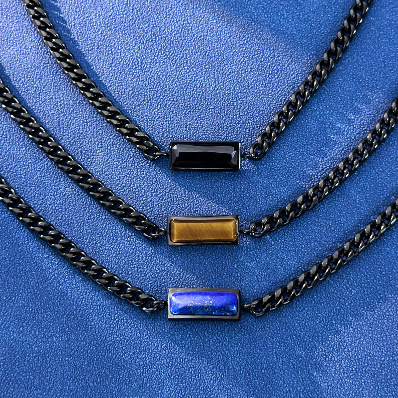 5mm Natural Stone Stainless Steel Cuban Chain in Black Gold - Yellow Tiger Eye/Lapis Lazuli/Black Cubic Zirconia