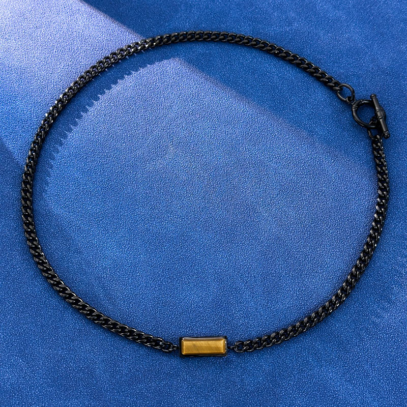 5mm Natural Stone Stainless Steel Cuban Chain in Black Gold - Yellow Tiger Eye/Lapis Lazuli/Black Cubic Zirconia