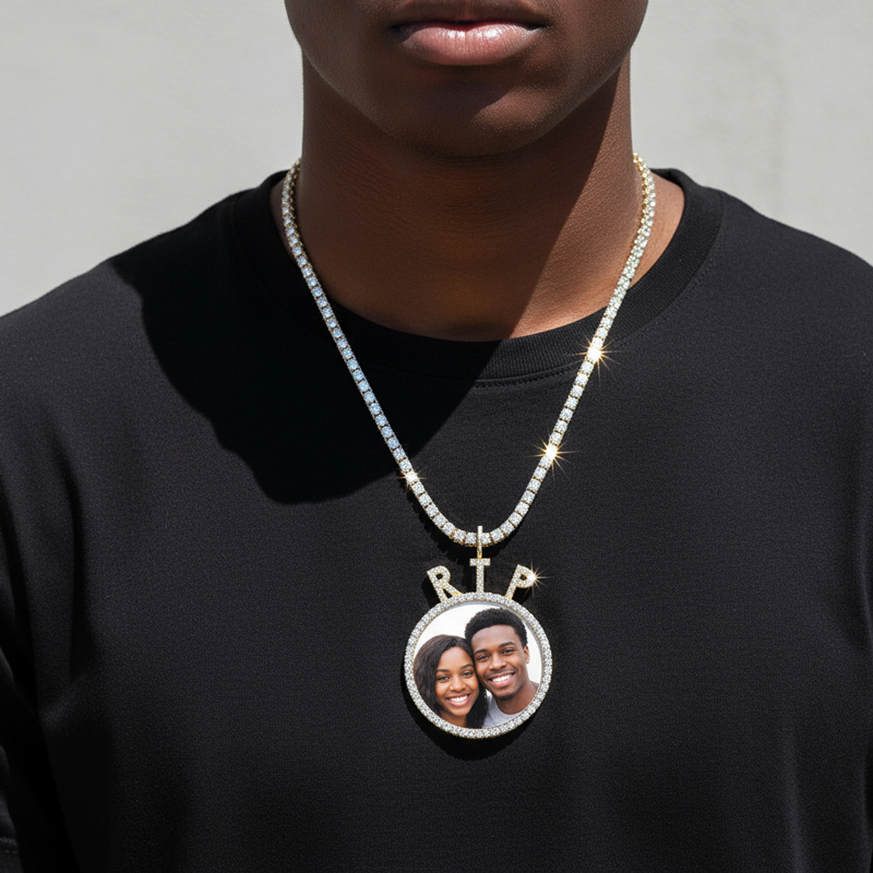 925S & VVS Moissanite Round Custom Picture Name Pendant - 1.6"