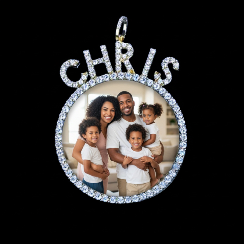 925S & VVS Moissanite Round Custom Picture Name Pendant - 1.6"