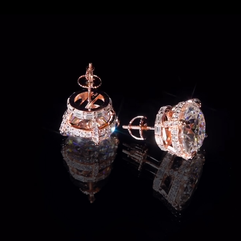 925S & VVS Moissanite Round&Baguette Cut Full Paved Earrings