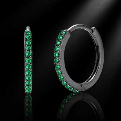 925S & VVS Moissanite Black/Emerald Micro Pave Hoop Earrings in Black Gold