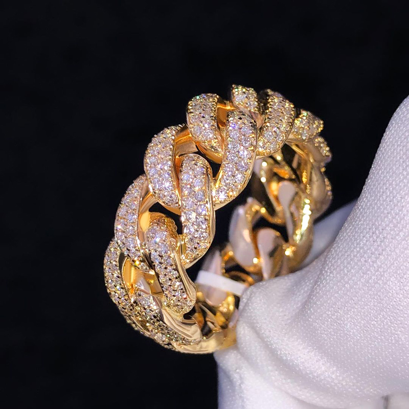 10mm 925S & VVS Moissanite Cuban Link Ring in Gold