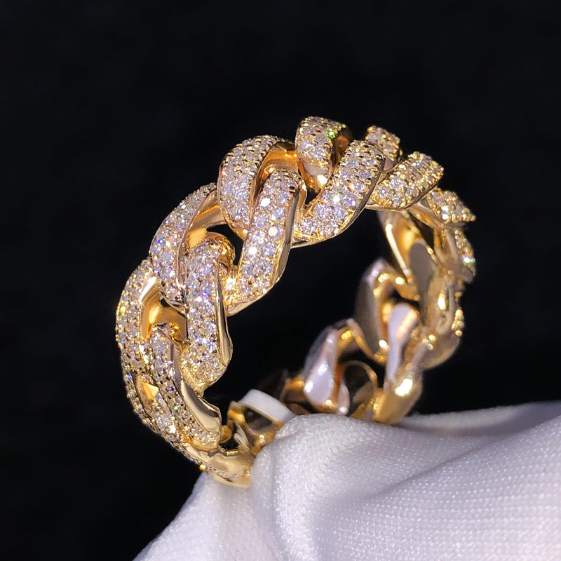 10mm 925S & VVS Moissanite Cuban Link Ring in Gold