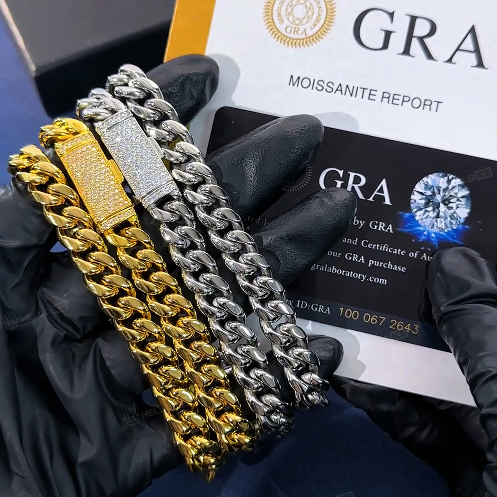 8mm/10mm/12mm/14mm 925S & VVS Moissanite Box Clasp Stainless Steel Cuban Bracelet