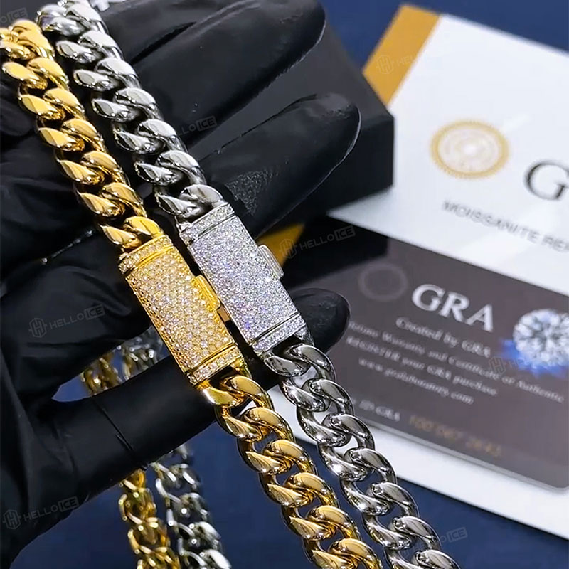 8mm/10mm/12mm/14mm 925S & VVS Moissanite Box Clasp Stainless Steel Cuban Bracelet
