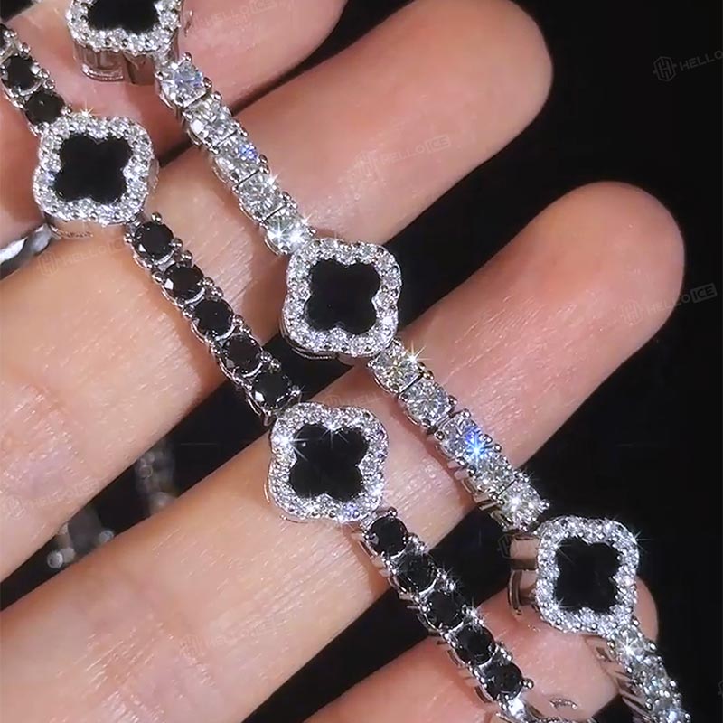 925S & VVS Moissanite Four Leaf Clover Black Onyx Tennis Bracelet