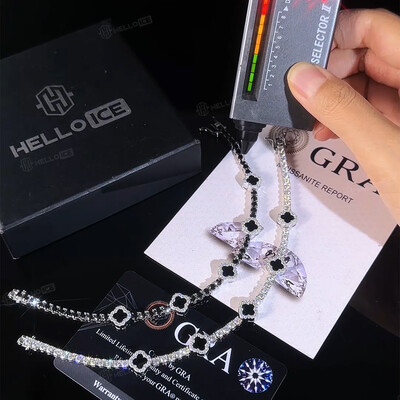 925S & VVS Moissanite Four Leaf Clover Black Onyx Tennis Bracelet