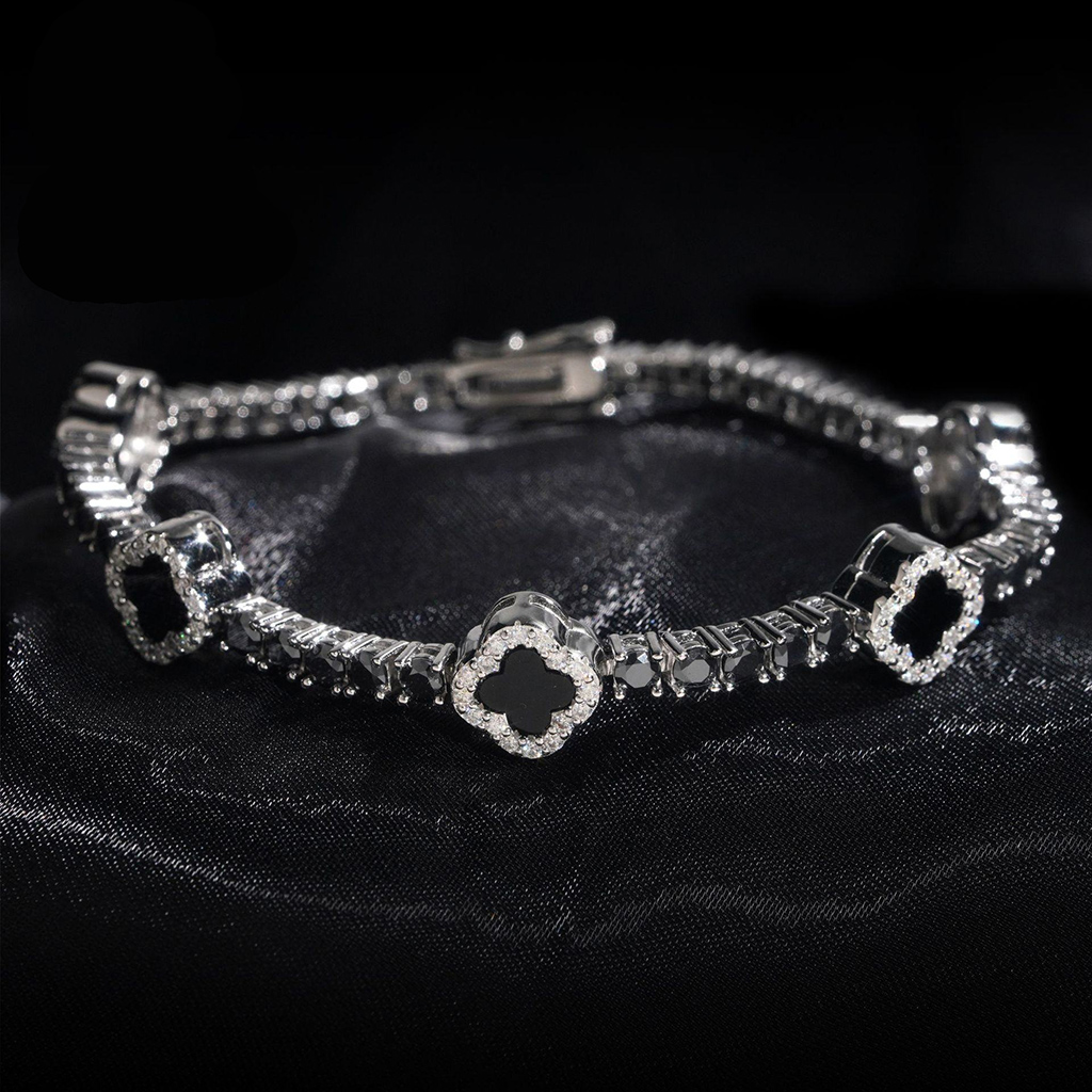 925S & VVS Moissanite Four Leaf Clover Black Onyx Tennis Bracelet