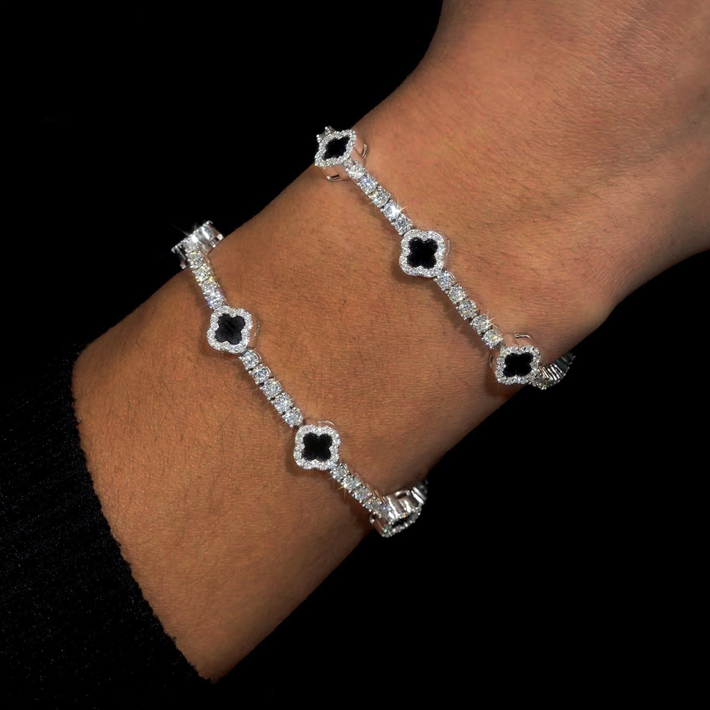 925S & VVS Moissanite Four Leaf Clover Black Onyx Tennis Bracelet