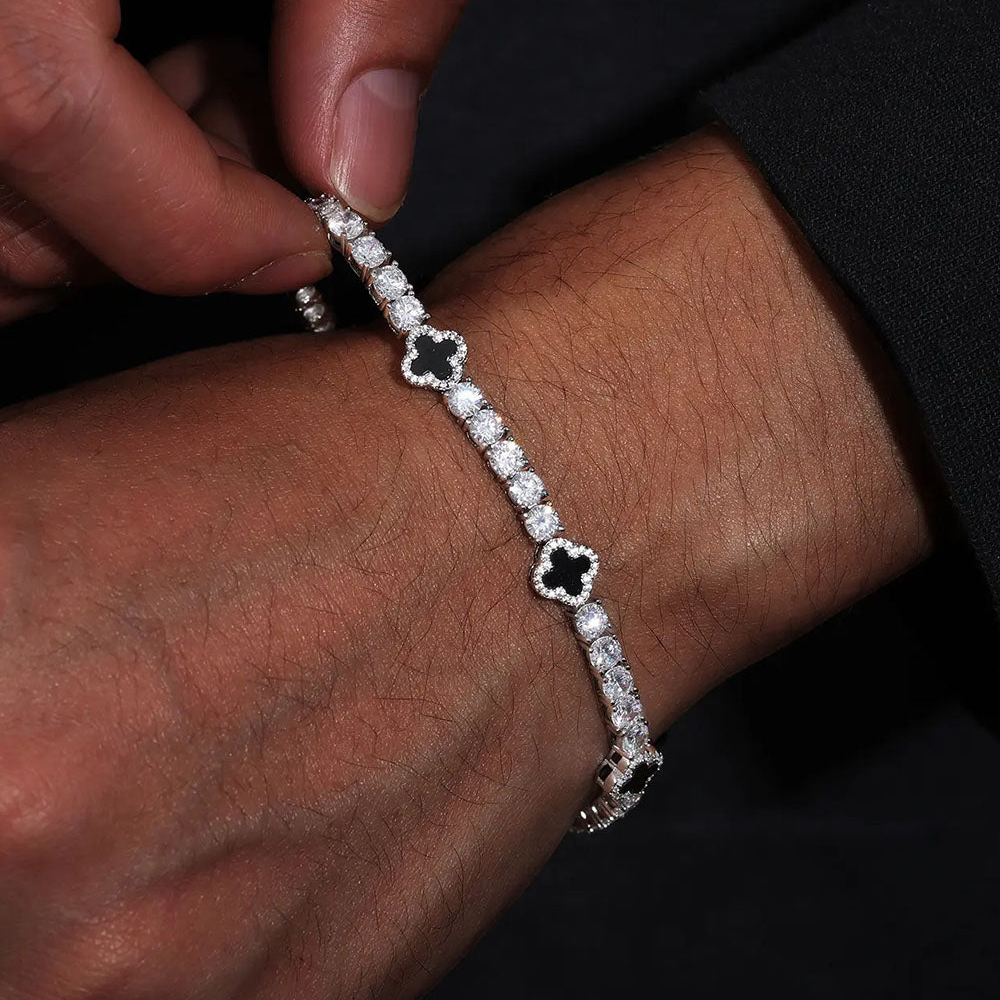 925S & VVS Moissanite Four Leaf Clover Black Onyx Tennis Bracelet