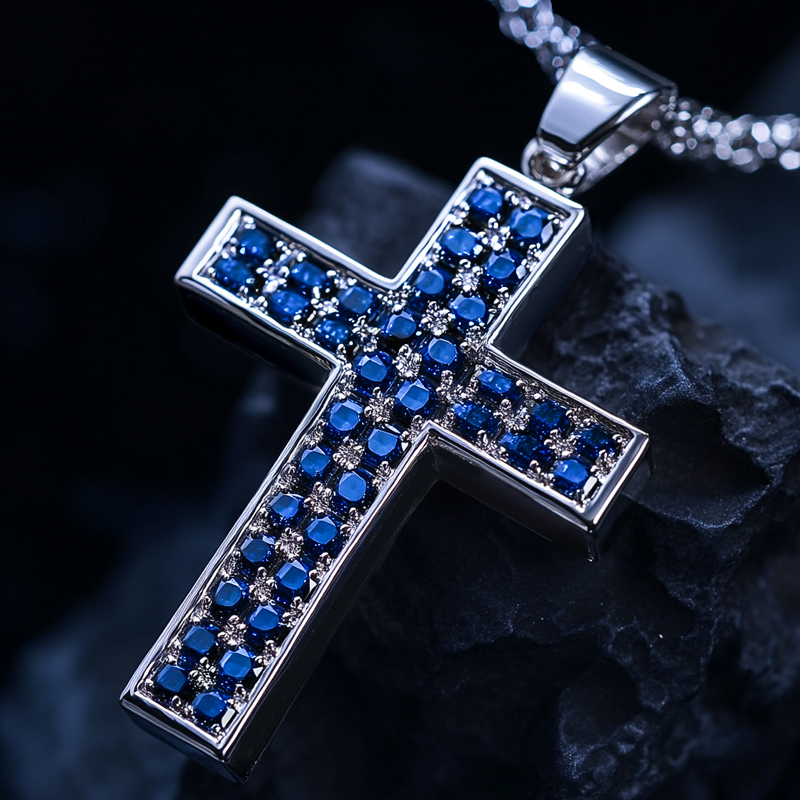 Round Blue Sapphire Cross Pendant