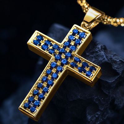 Round Blue Sapphire Cross Pendant