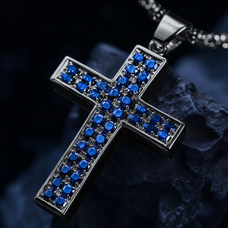 Round Blue Sapphire Cross Pendant