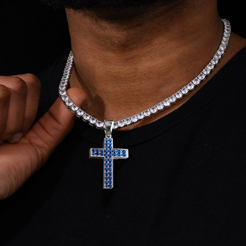 Round Blue Sapphire Cross Pendant