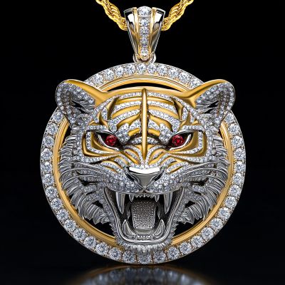 Two-tone Roaring Tiger Head Round Pendant