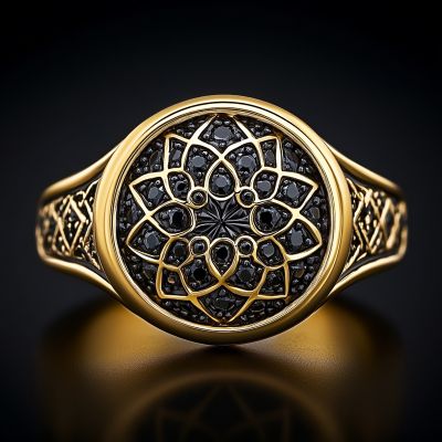 Black Onyx Round Flower Men's Ring