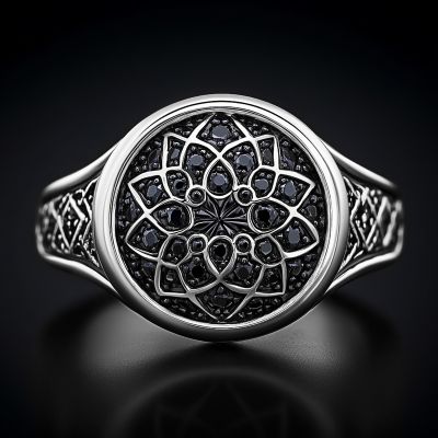 Black Onyx Round Flower Men's Ring