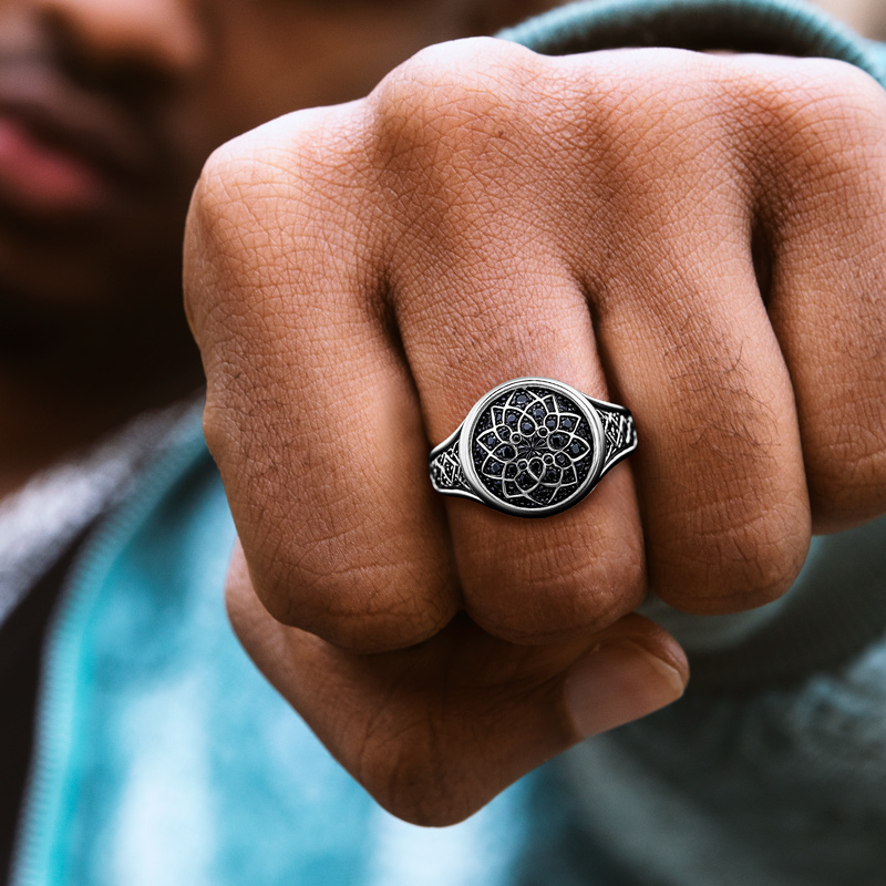 Black Onyx Round Flower Men's Ring