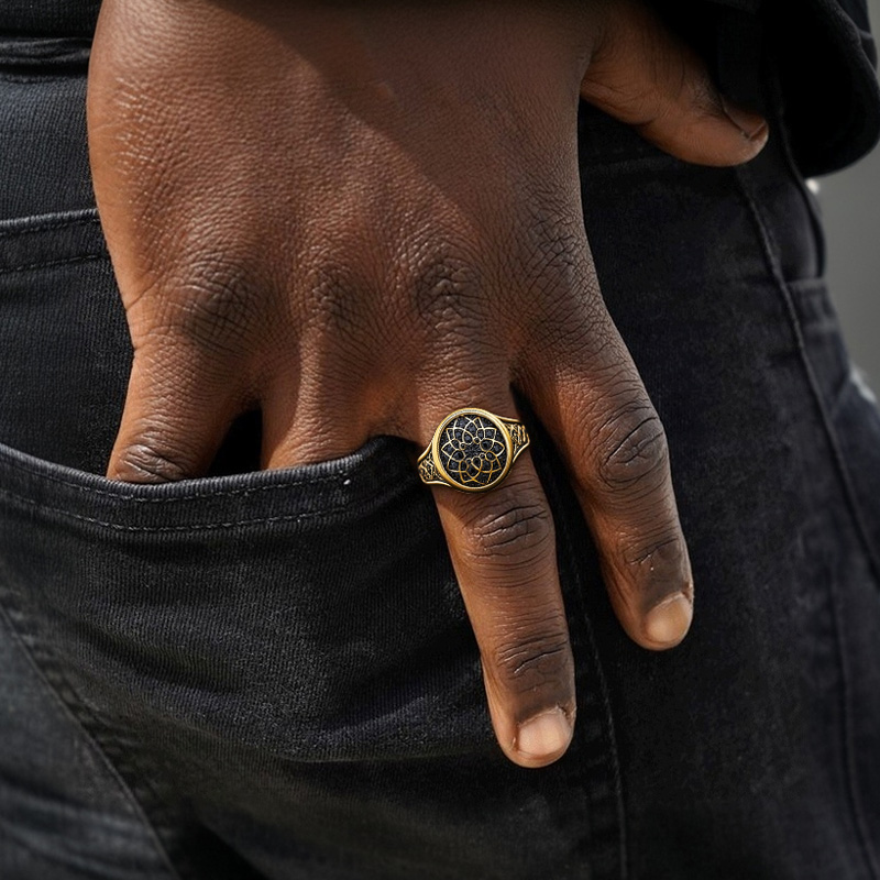 Black Onyx Round Flower Men's Ring