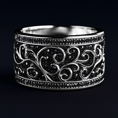 Men's Vintage Pattern Black Stone Wide Band