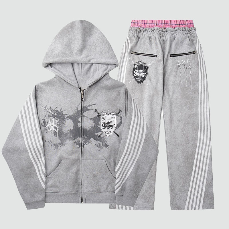 Vintage Street Print Zipper Hoodie Set