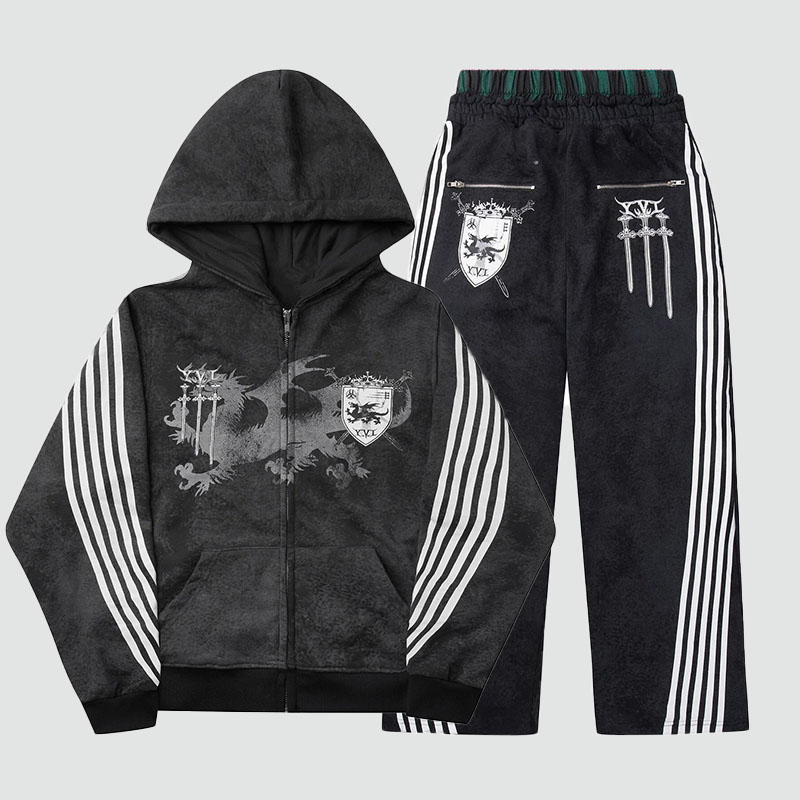 Vintage Street Print Zipper Hoodie Set