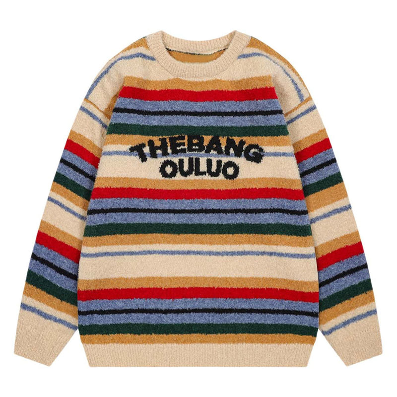 Retro Contrast Stripe Letter Jacquard Sweater