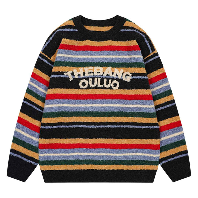 Retro Contrast Stripe Letter Jacquard Sweater