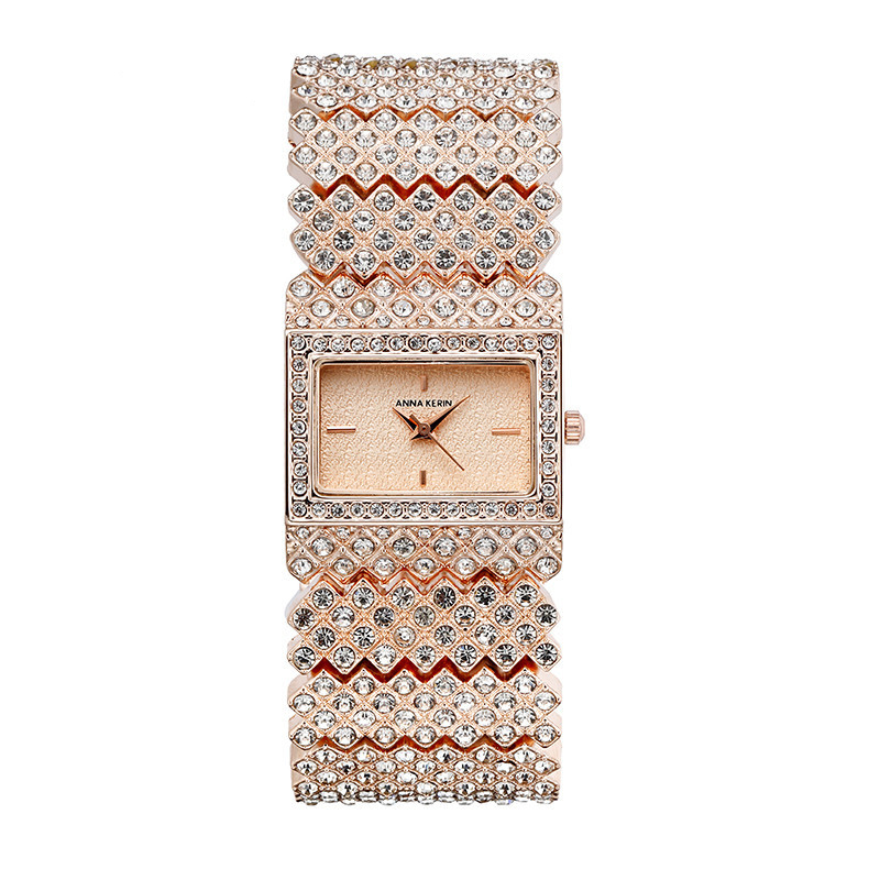 Iced Rectangle Dial Wide Strap Women’s Watch