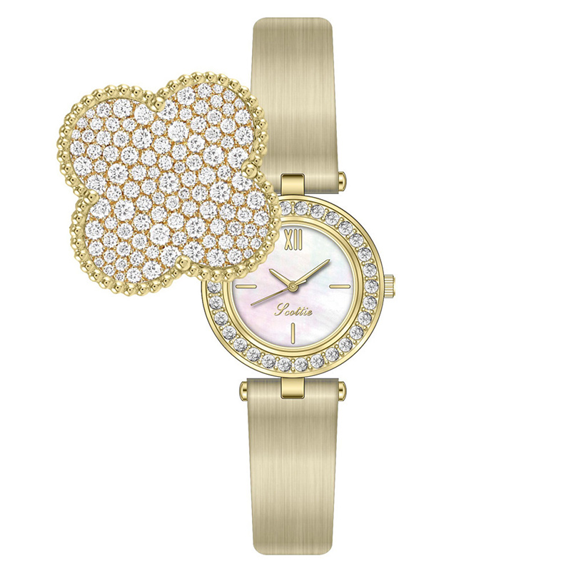 Iced Flip Cover Four-leaf Clover Women’s Watch