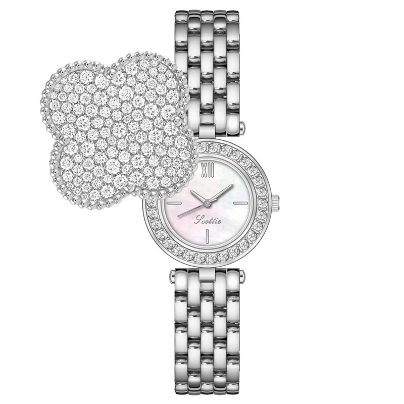 Iced Flip Cover Four-leaf Clover Women’s Watch