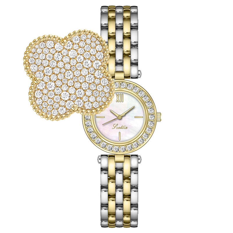 Iced Flip Cover Four-leaf Clover Women’s Watch