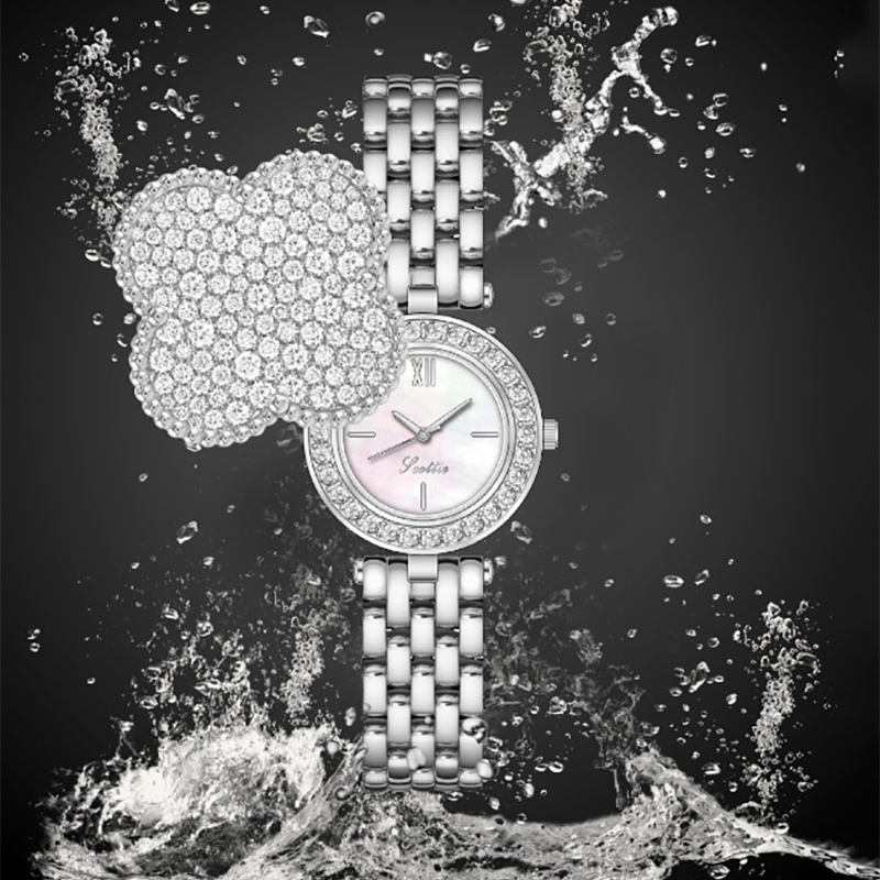 Iced Flip Cover Four-leaf Clover Women’s Watch