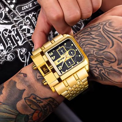 Rectangle Large Dial Men's Quartz Watch In Gold