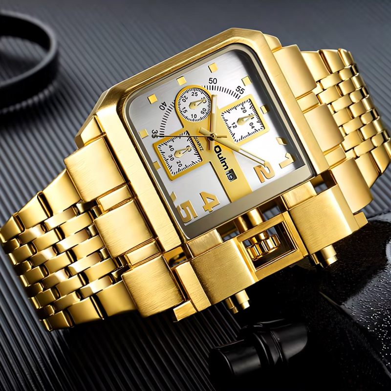 Rectangle Large Dial Men's Quartz Watch In Gold