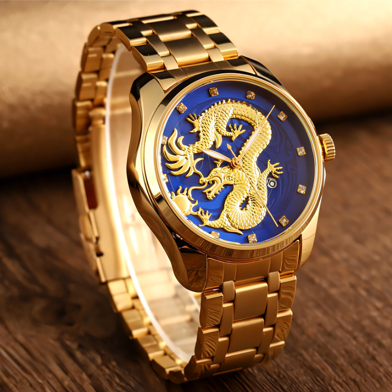 Gold Dragon Embossed Men's Calendar Watch