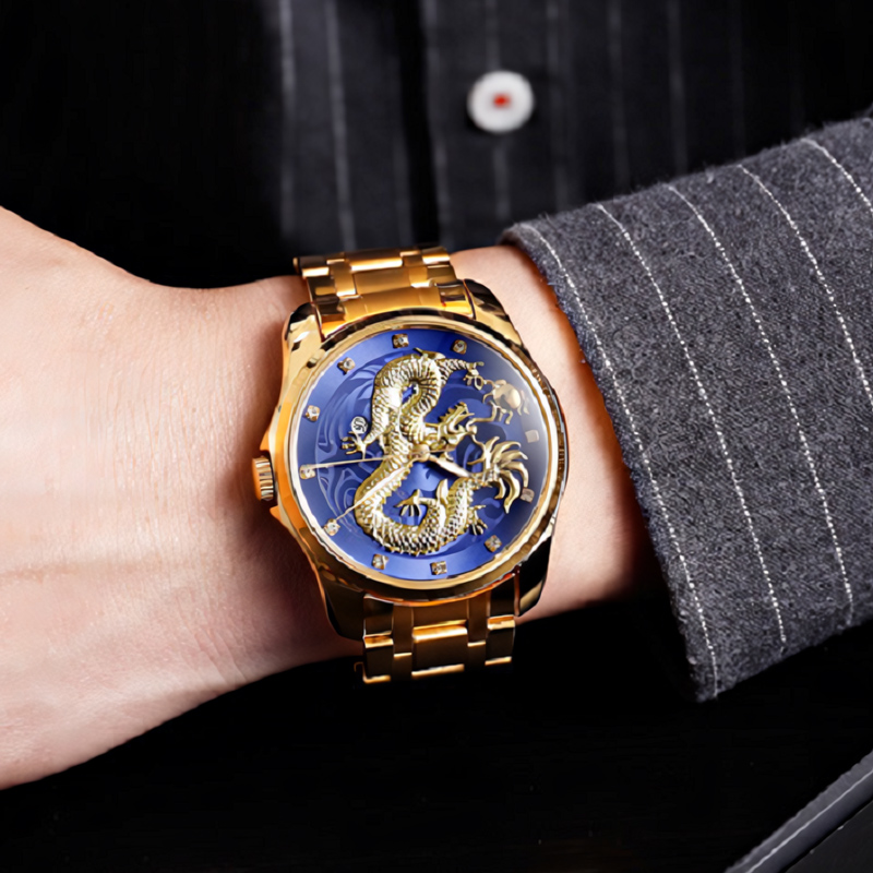 Gold Dragon Embossed Men's Calendar Watch