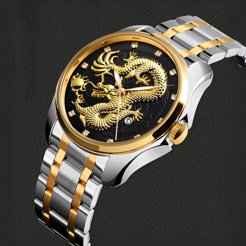 Gold Dragon Embossed Men's Calendar Watch