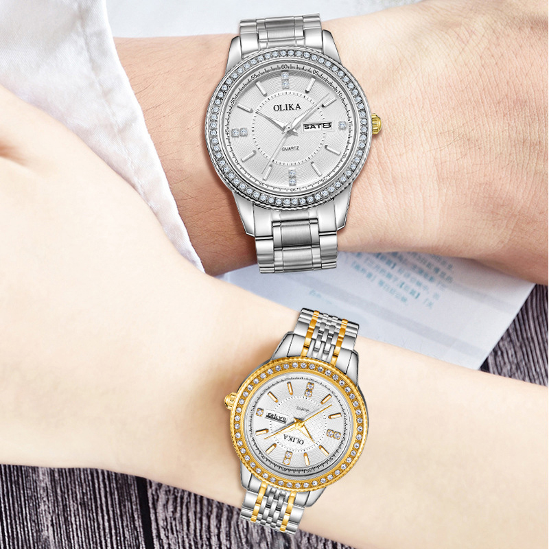 Iced Calendar Stainless Steel Couple Watch