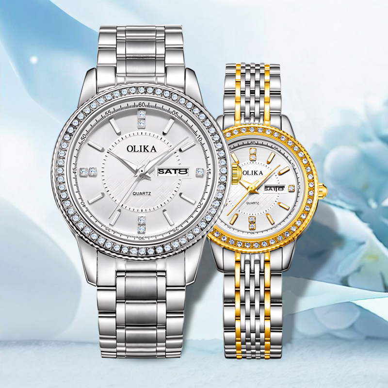 Iced Calendar Stainless Steel Couple Watch