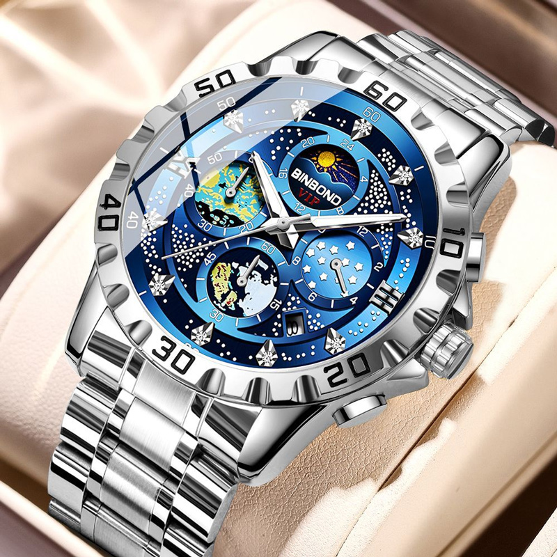 Luminous Blue Dial Stainless Steel Men's Sports Watch