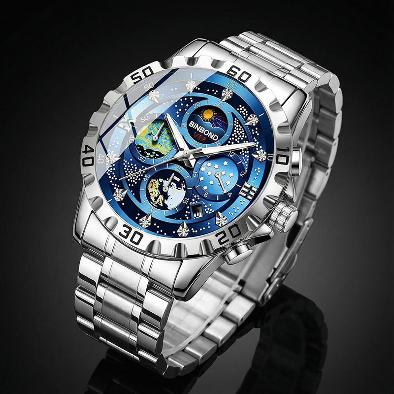 Luminous Blue Dial Stainless Steel Men's Sports Watch