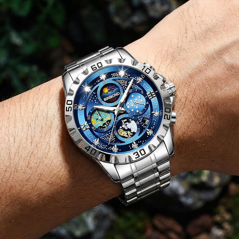 Luminous Blue Dial Stainless Steel Men's Sports Watch