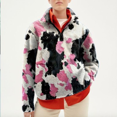 Facecloth Sweatshirt with Cow Print Lapel