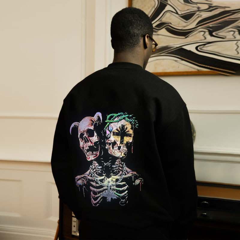 Skull Print Padded Crew Neck Sweatshirt